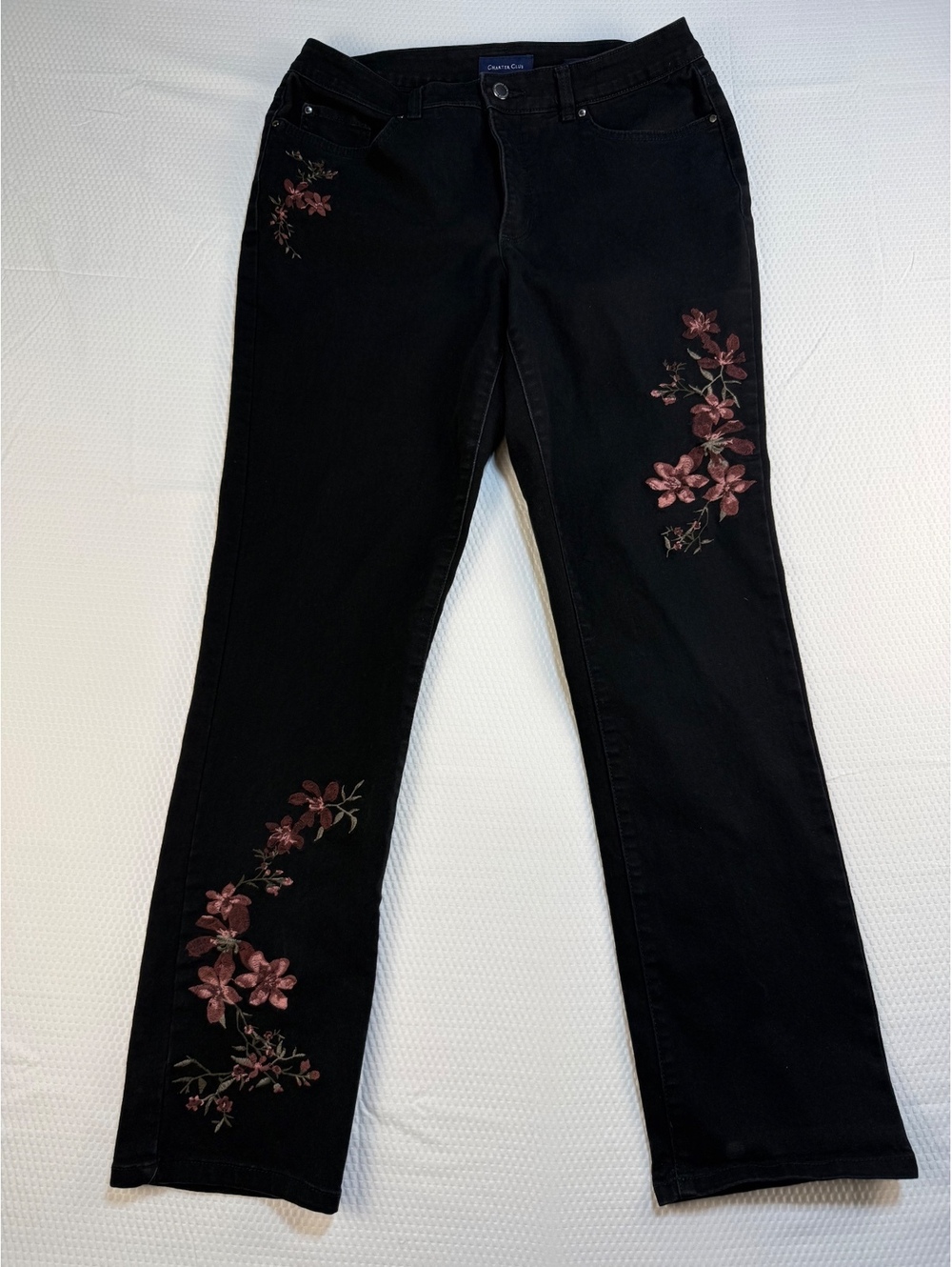 Charter Club Lexington Straight Jeans Size 10 Black Floral Embroidered Boho